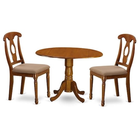 East West Furniture East West Furniture DLNA3-SBR-C 3PC Kitchen Round Table with 2 Drop Leaves and 2 Chairs with cushioned Seat DLNA3-SBR-C